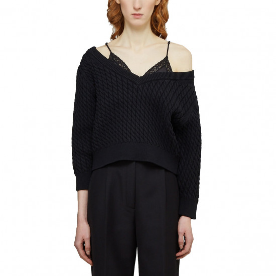 Alexander Wang Bi-Layer Satin Camisole V-Neck Cable Sweater