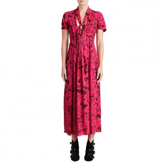 Burberry Antonina Doodle Print Silk Tie-Neck Dress