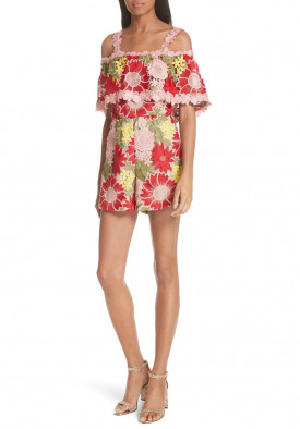 Alice + Olivia Anelle Off-the-Shoulder Lace Ruffle Romper