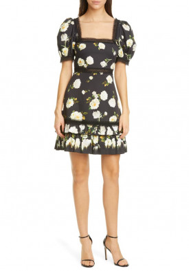 Alice + Olivia Wylie Floral Square Neck Puff Sleeve Dress