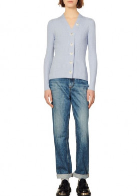 Sandro Gabrielle Ribbed Fine-Knit Buttoned Cardigan - Blue