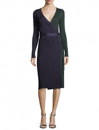 Diane von Furstenberg Long-Sleeve Metallic-Knit Wrap Dress